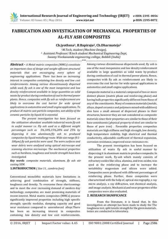 First page of the published Aluminium Fly Ash Composite research article